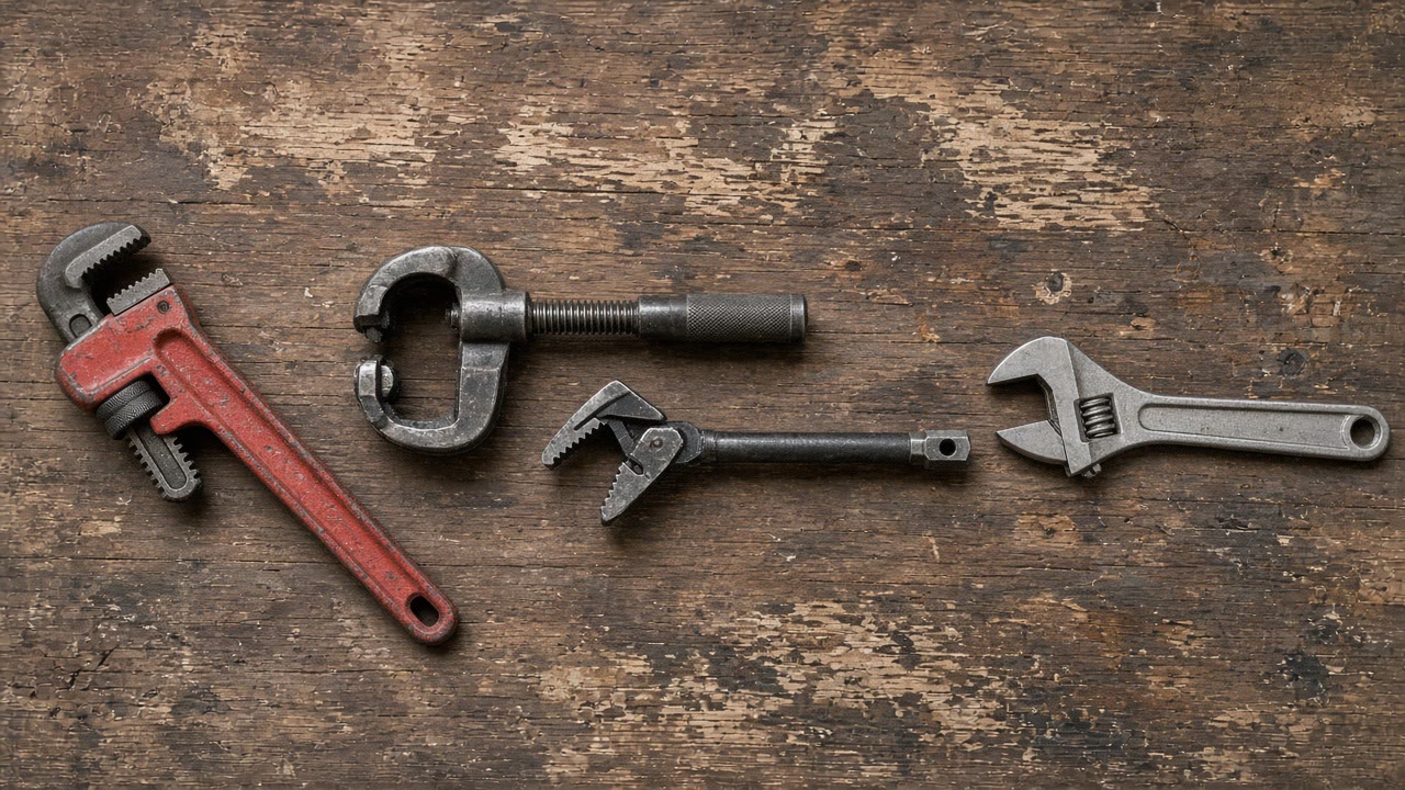 Pipe wrench, tubing cutter, and two wrenches laid out on a workbench, Syracuse and the surrounding New York area