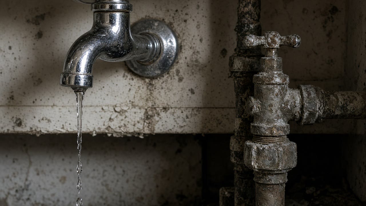 Chrome faucet dripping beside a dusty shutoff valve