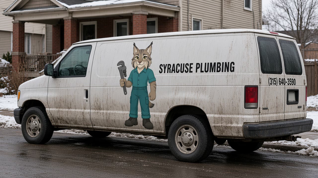 Dirty white cargo van with a cartoon lynx vinyl and Syracuse Plumbing lettering parked in snow beside a house
