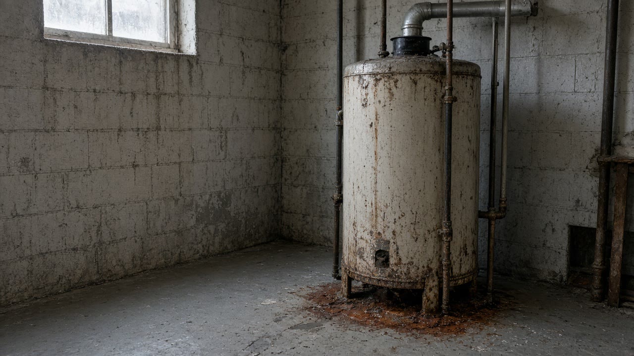 Rust-stained white tank standing in an empty cinder-block basement