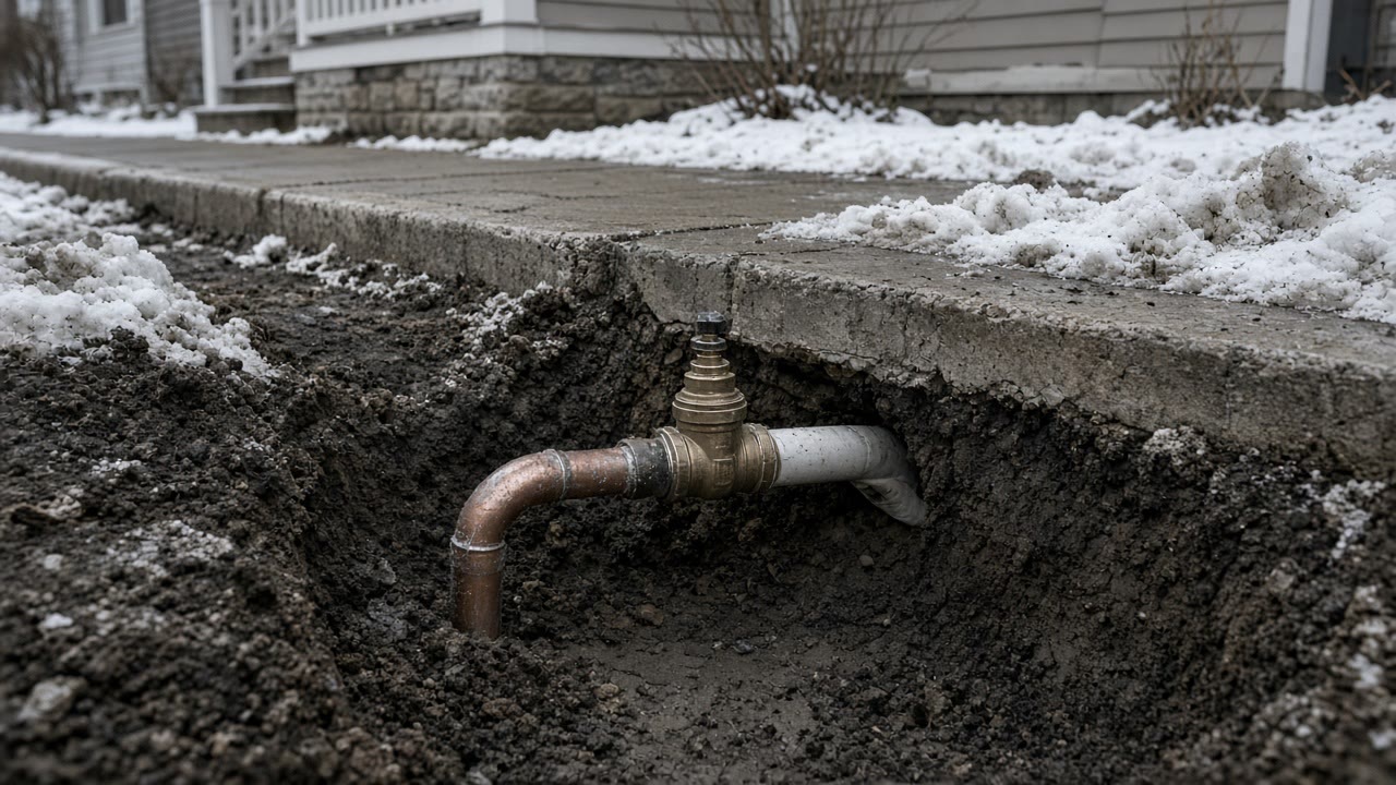 Exposed copper and plastic water pipe with a brass valve in an excavated hole beside a snowy sidewalk
